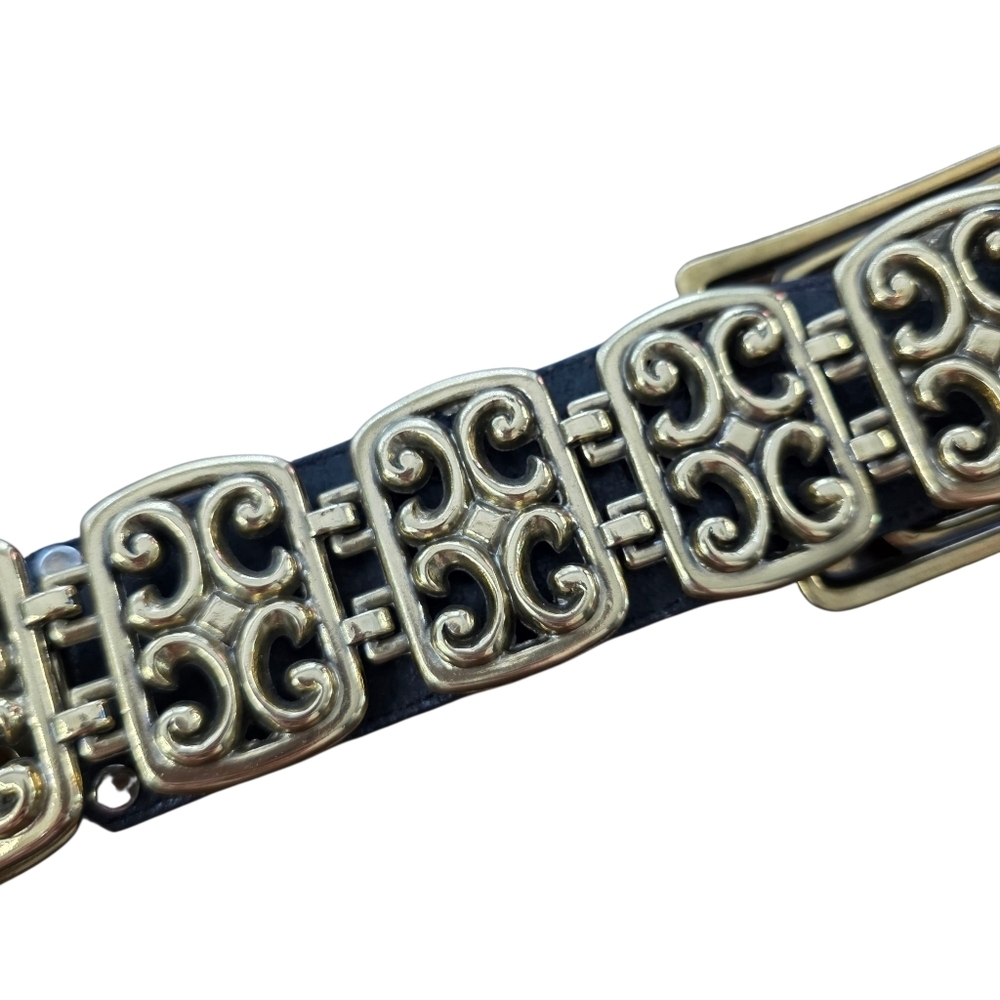 Brighton Black Leather Scroll Link Belt Gold Tone Accents Size M Style 49013 USA - Picture 6 of 11